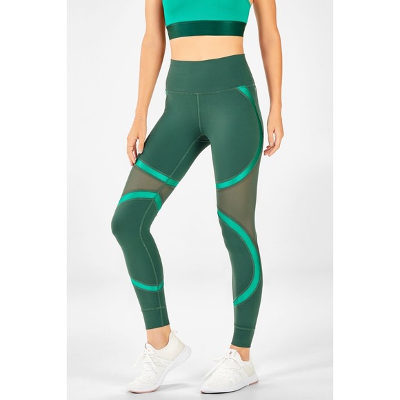Fabletics PowerHold Leggings - Dark Green Teal Mesh Trim Activewear Womens - Picture 1 of 15